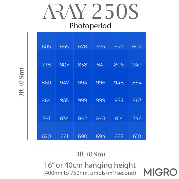 PAR chart showing the even PAR intensity delivered by the ARAY 250S over a 3ft x 3ft or 90cm x 90cm grow area for photoperiod cannabis plants